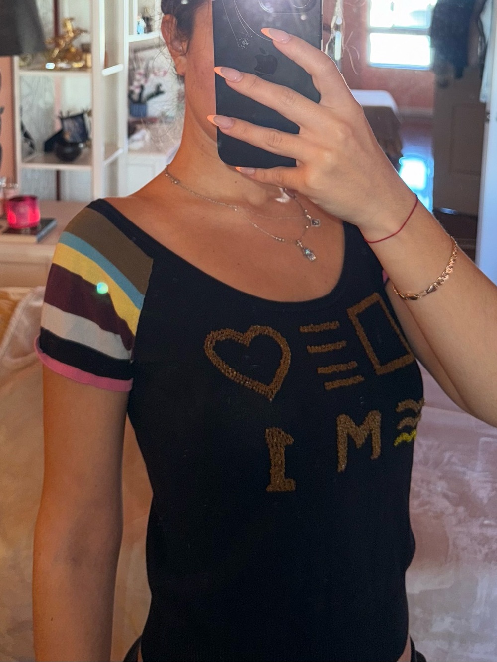 Black Short-Sleeve Beaded Tee with Multicolor Striped Sleeve